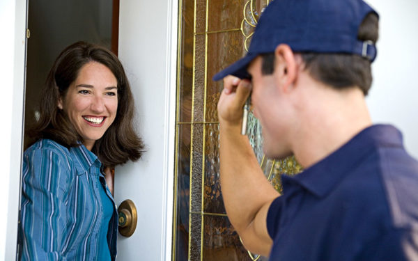 woman greeting technician